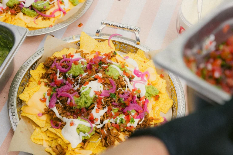 Schaal nacho's met vlees, rode ui, salsa en guacamole